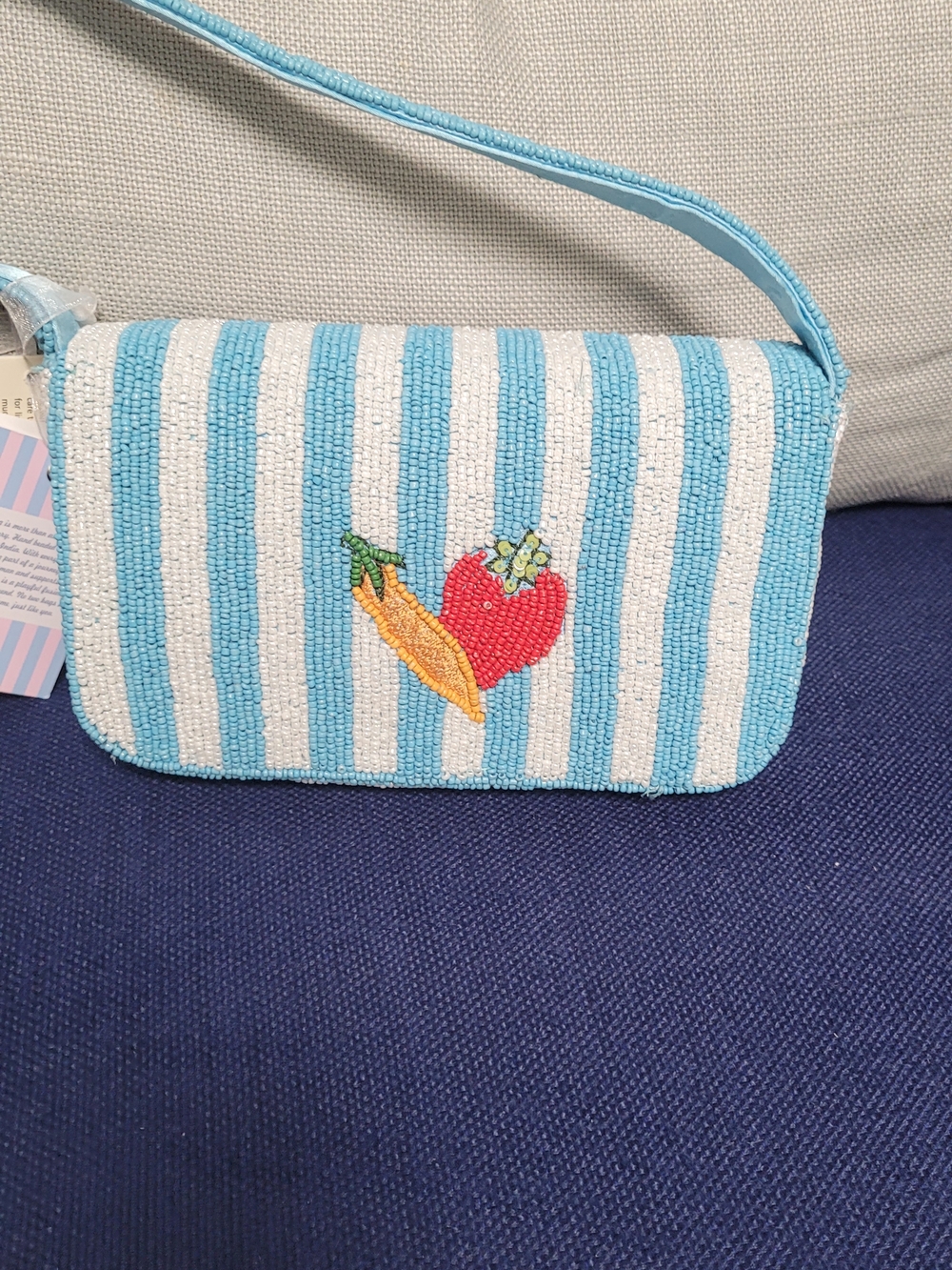 Beaded Blue & White Striped Shoulder Bag with Heart & Carrot Motif